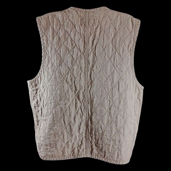 Vtg Adirondack L Quilted Linen Vest Tan Neutral Outdoorsy Fall Cottagecore Layer - Picture 7 of 8